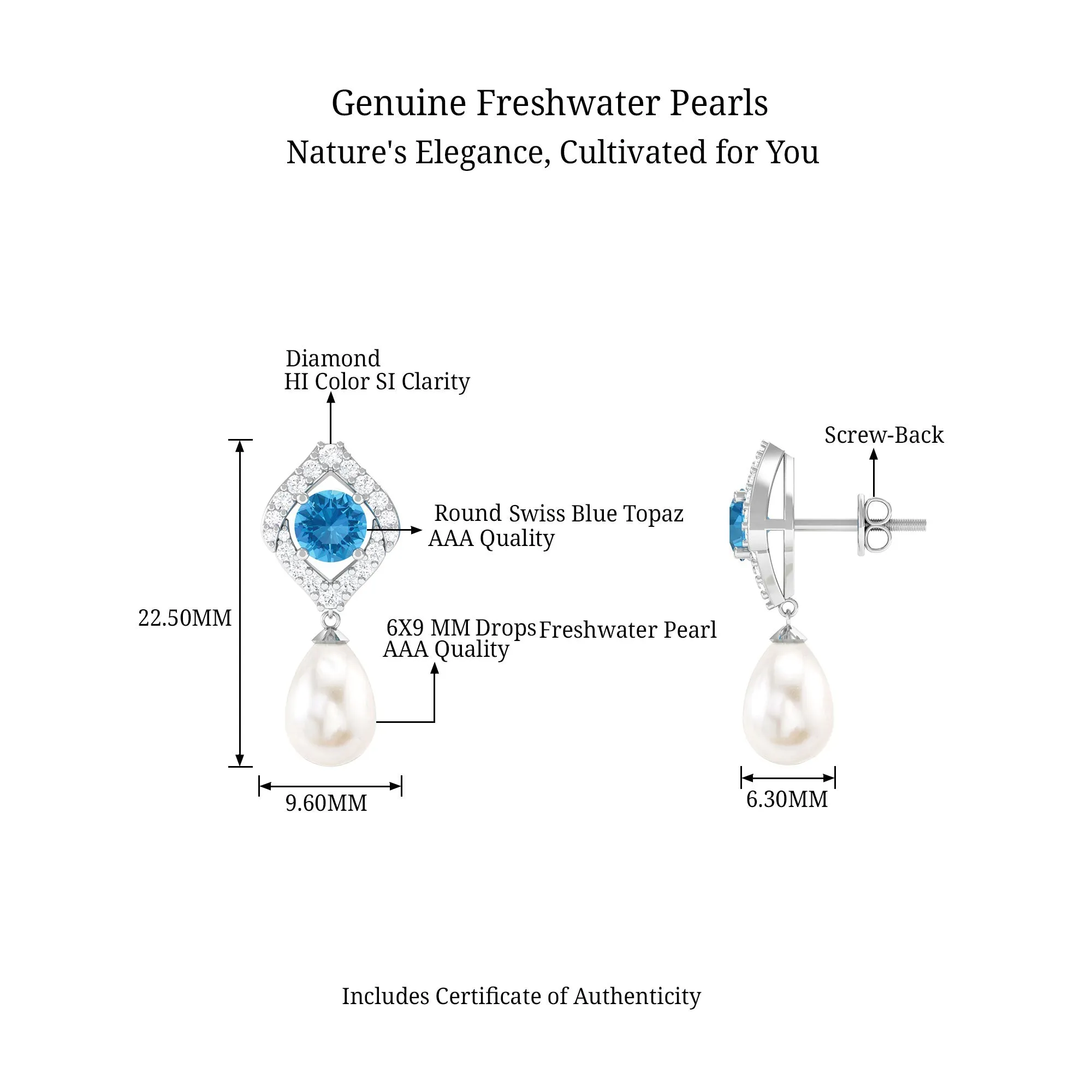 Drop Shape Freshwater Pearl Earrings with Blue Topaz and Diamond