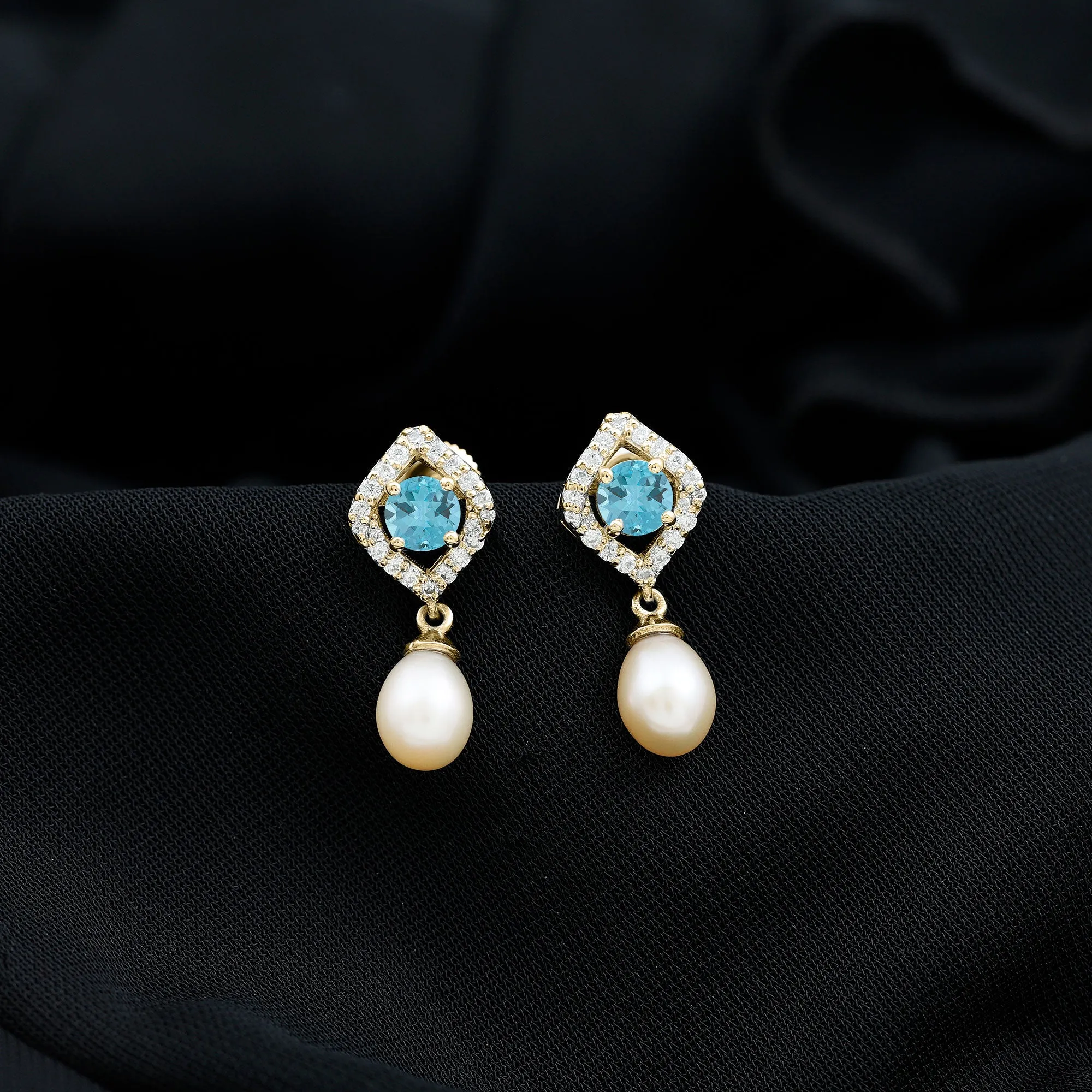 Drop Shape Freshwater Pearl Earrings with Blue Topaz and Diamond
