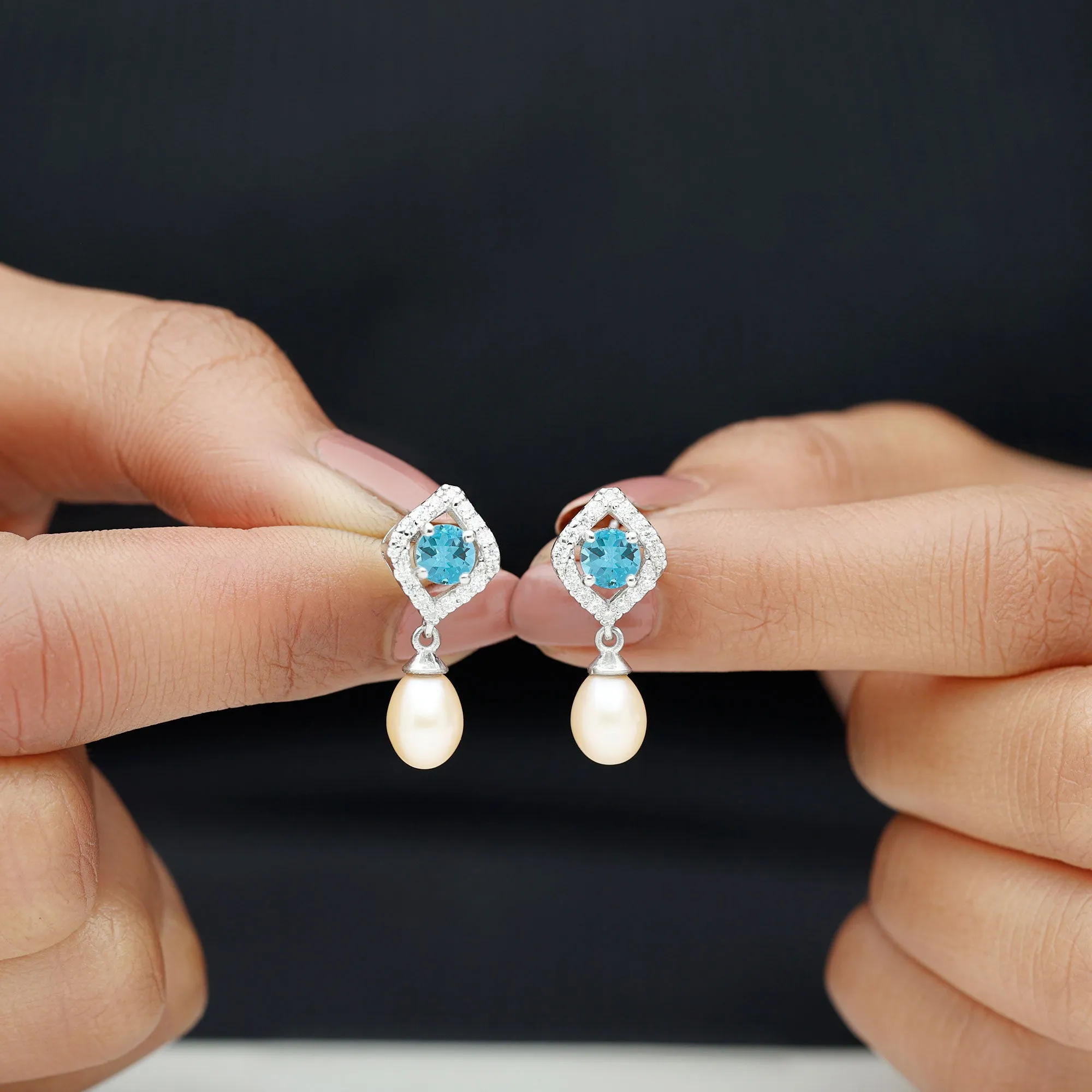 Drop Shape Freshwater Pearl Earrings with Blue Topaz and Diamond