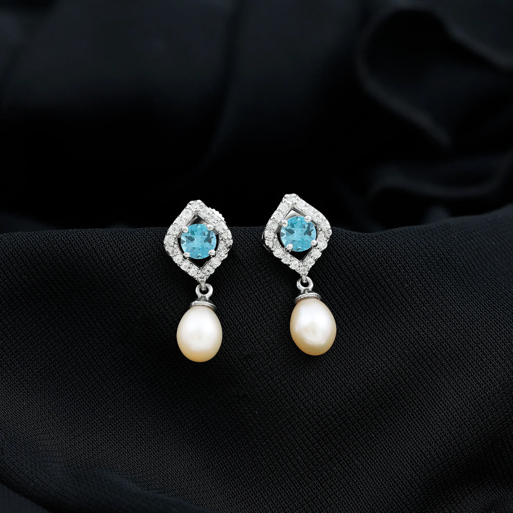 Drop Shape Freshwater Pearl Earrings with Blue Topaz and Diamond