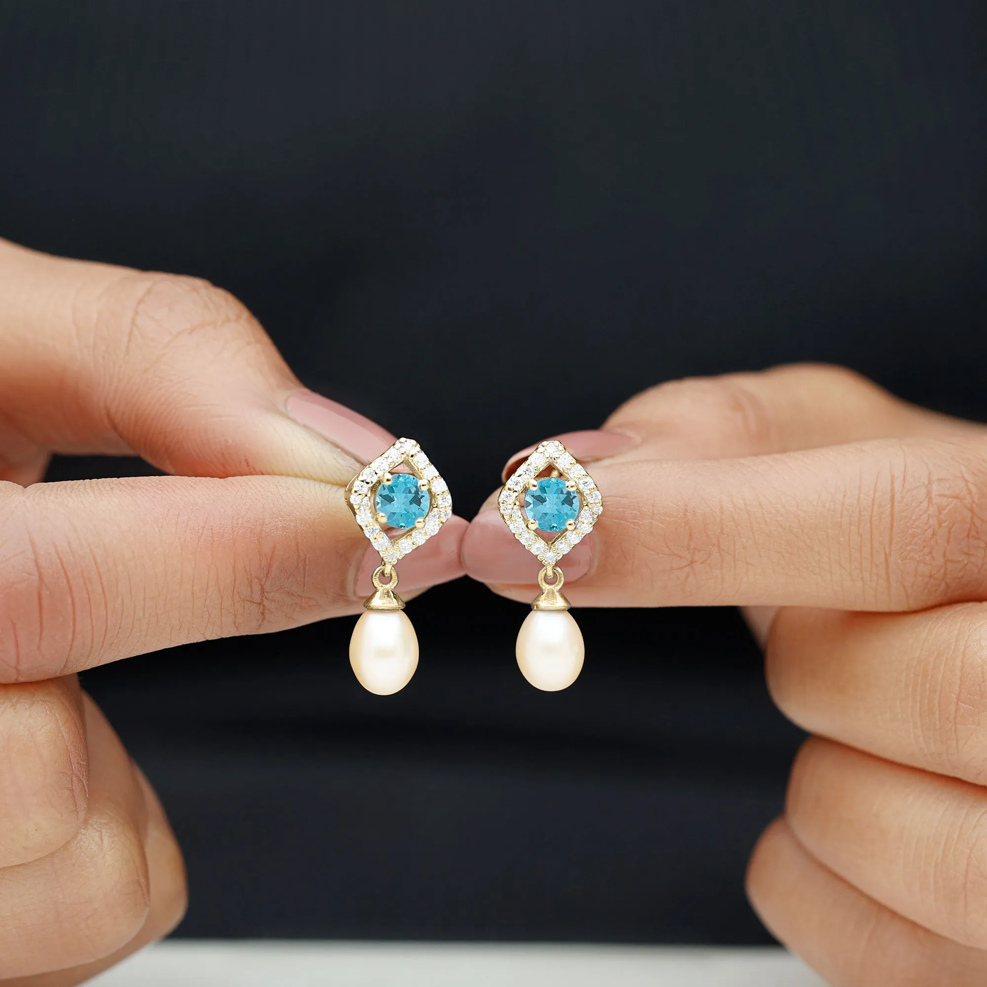 Drop Shape Freshwater Pearl Earrings with Blue Topaz and Diamond