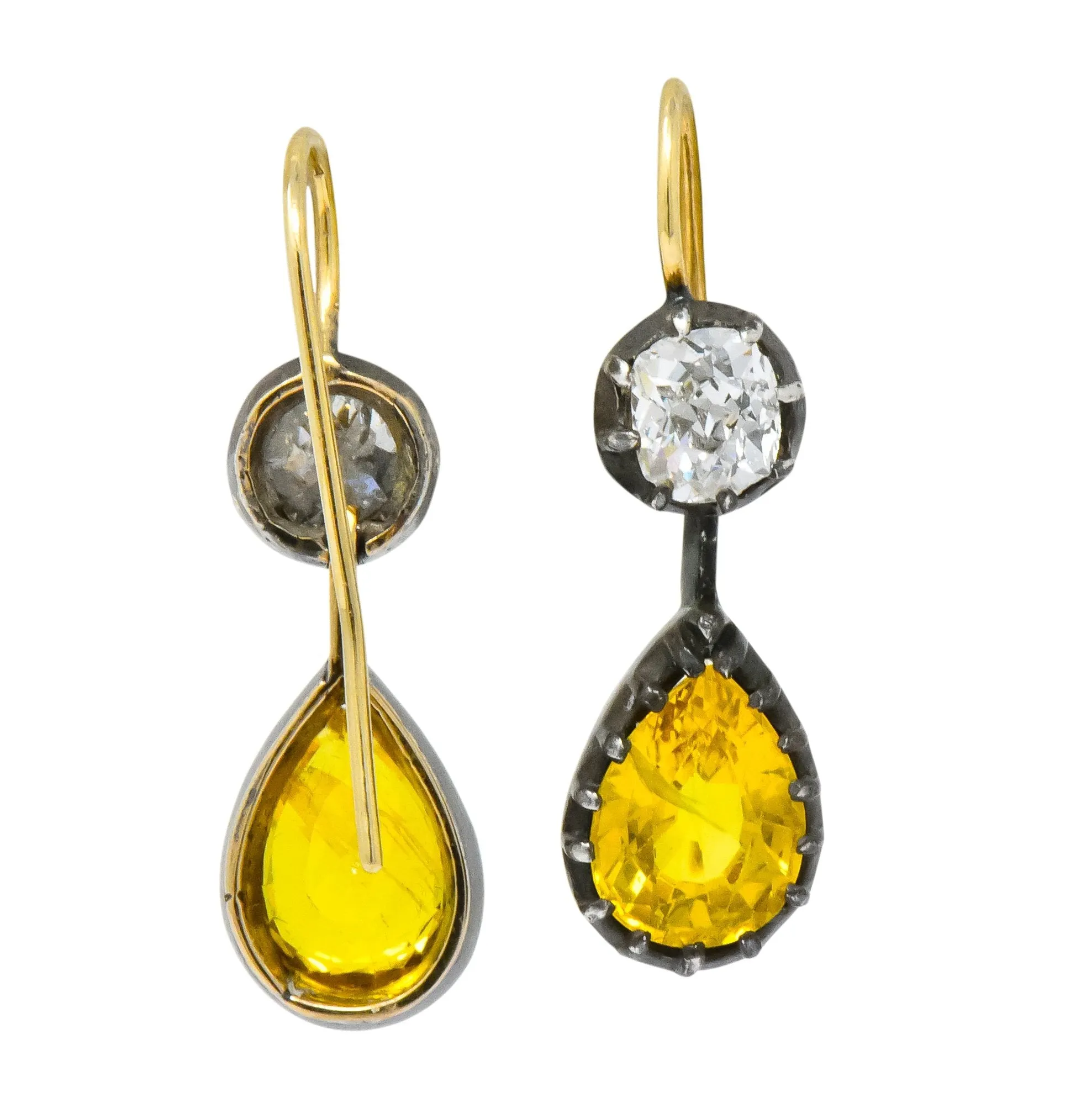 Early Victorian 1840's 5.30 CTW Sapphire Diamond Silver Gold Drop Earrings