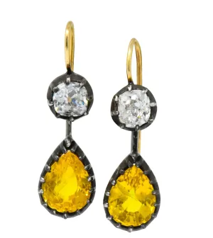 Early Victorian 1840's 5.30 CTW Sapphire Diamond Silver Gold Drop Earrings