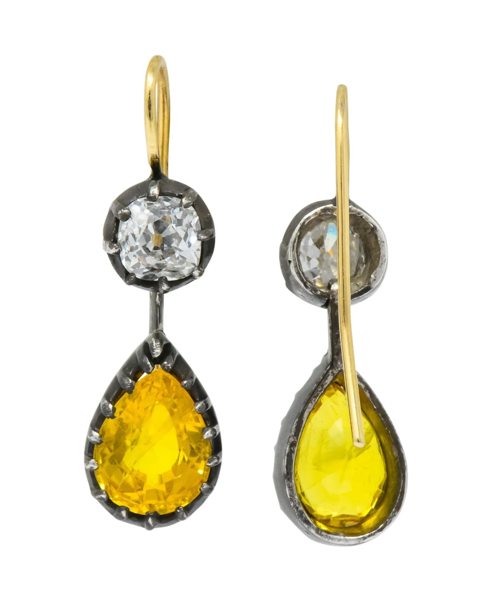 Early Victorian 1840's 5.30 CTW Sapphire Diamond Silver Gold Drop Earrings
