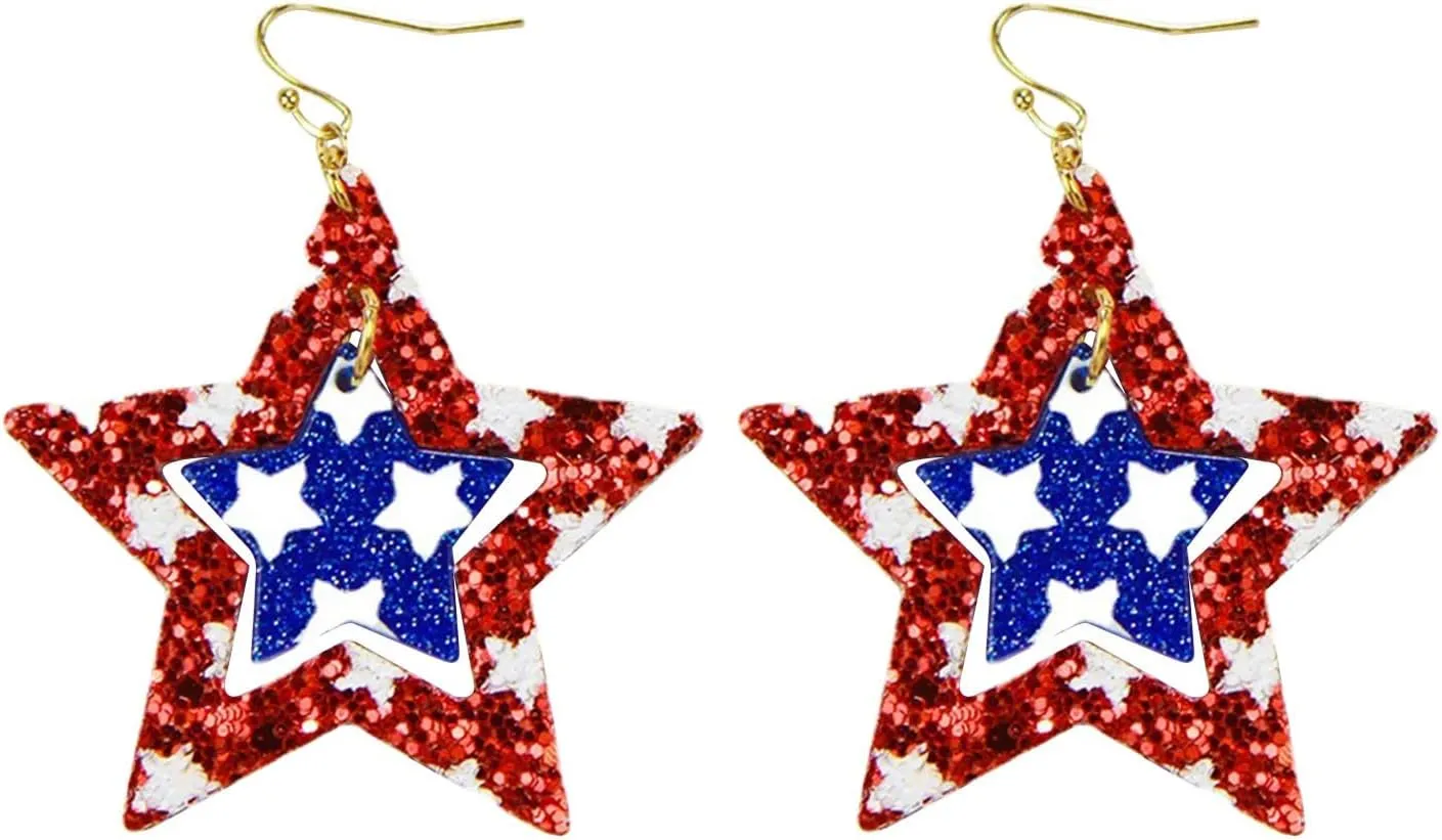 Earrings for Ears Hoops Red White And Blue Five Pointed Star Exaggerated Geometric European And Holiday (Red, One Size)