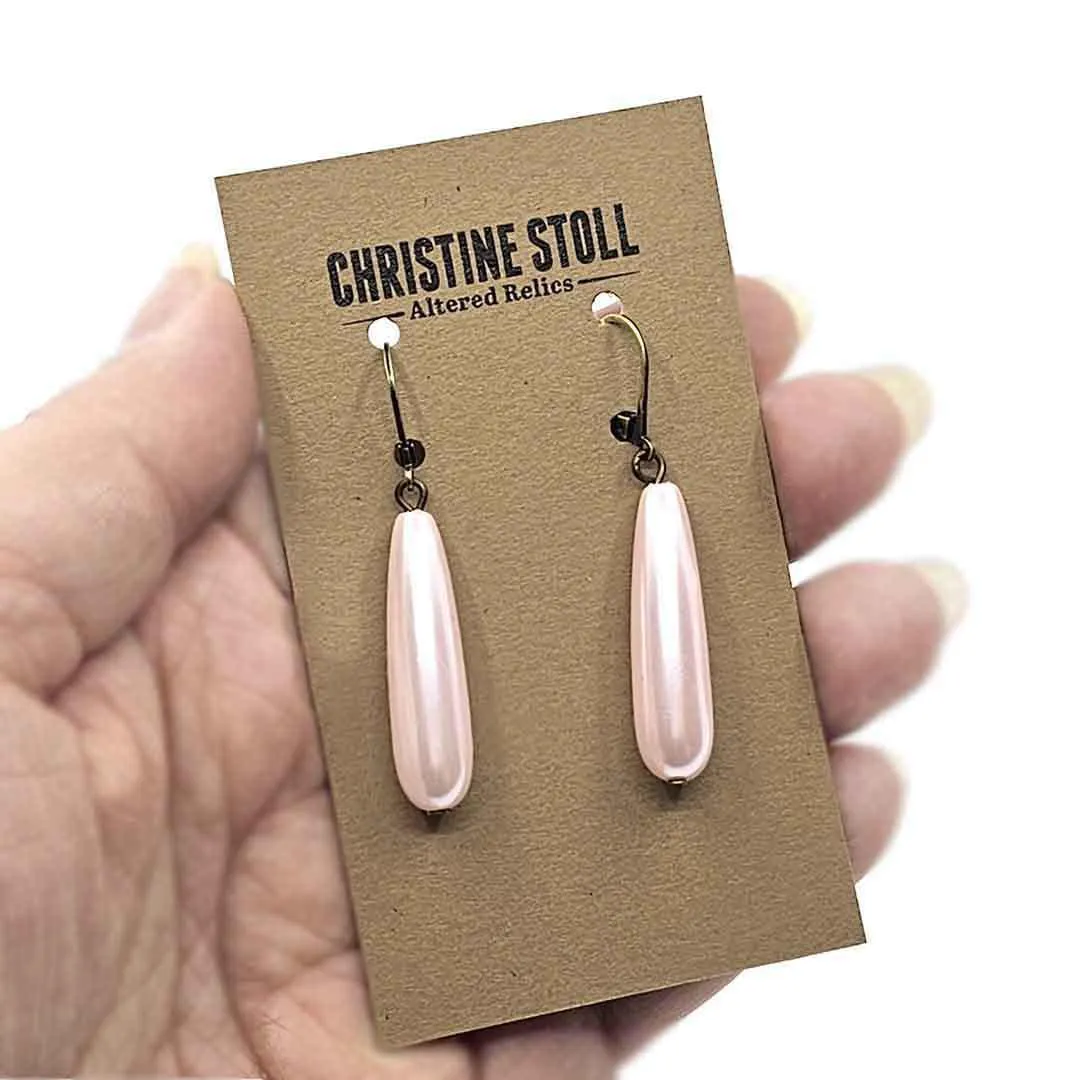Earrings - Long Pearl Drops Soft Pink (Brass or Steel) by Christine Stoll | Altered Relics