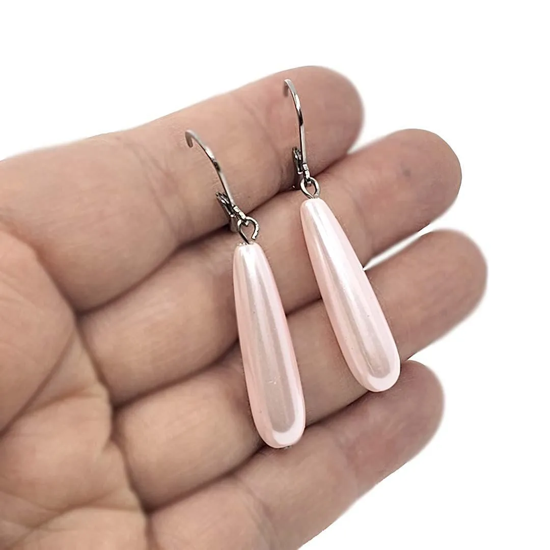 Earrings - Long Pearl Drops Soft Pink (Brass or Steel) by Christine Stoll | Altered Relics