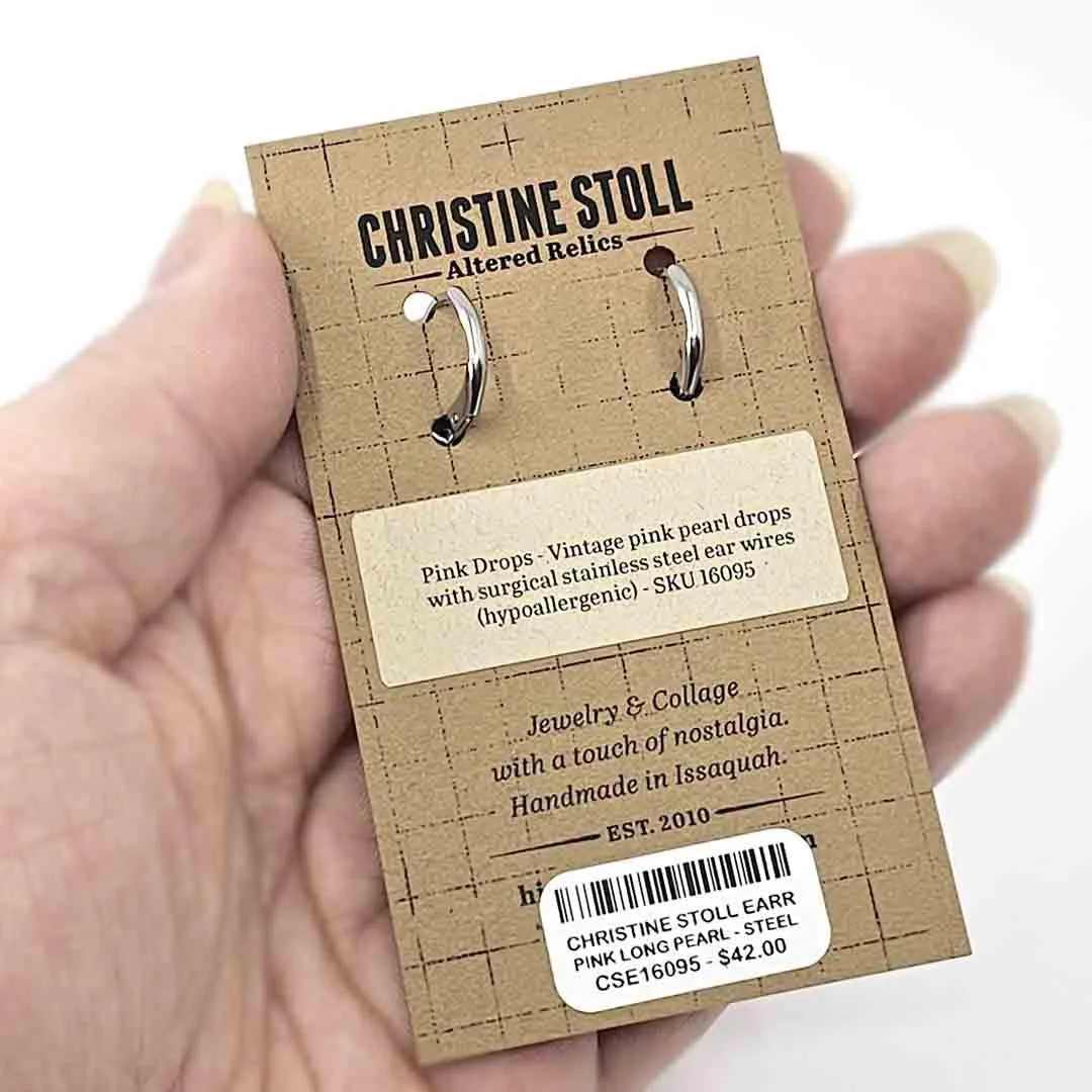 Earrings - Long Pearl Drops Soft Pink (Brass or Steel) by Christine Stoll | Altered Relics