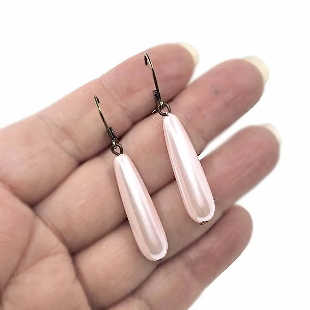 Earrings - Long Pearl Drops Soft Pink (Brass or Steel) by Christine Stoll | Altered Relics