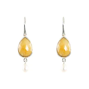 Earrings - Oval Raw Yellow Sapphire & Pearl Sterling Silver New Collection