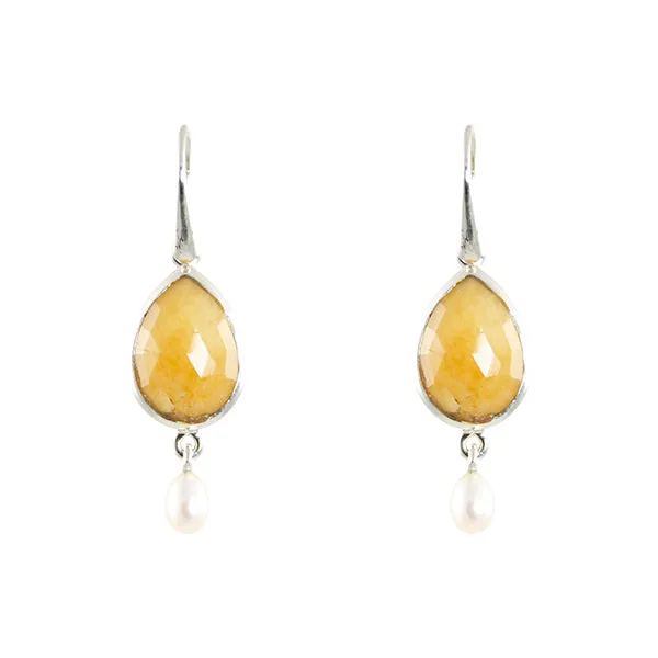 Earrings - Oval Raw Yellow Sapphire & Pearl Sterling Silver New Collection