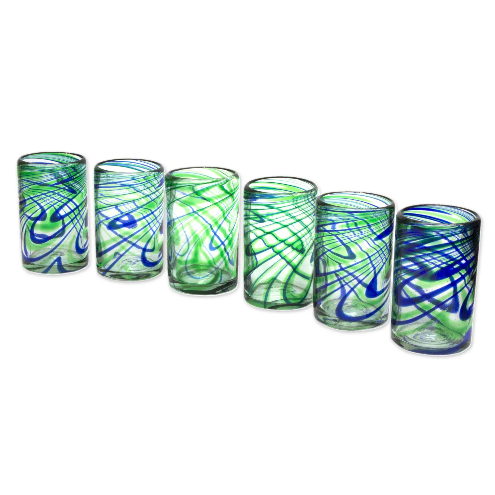 Elegant Energy Set of 6 Hand Made Blown Glass Tumblers in Blue and Green