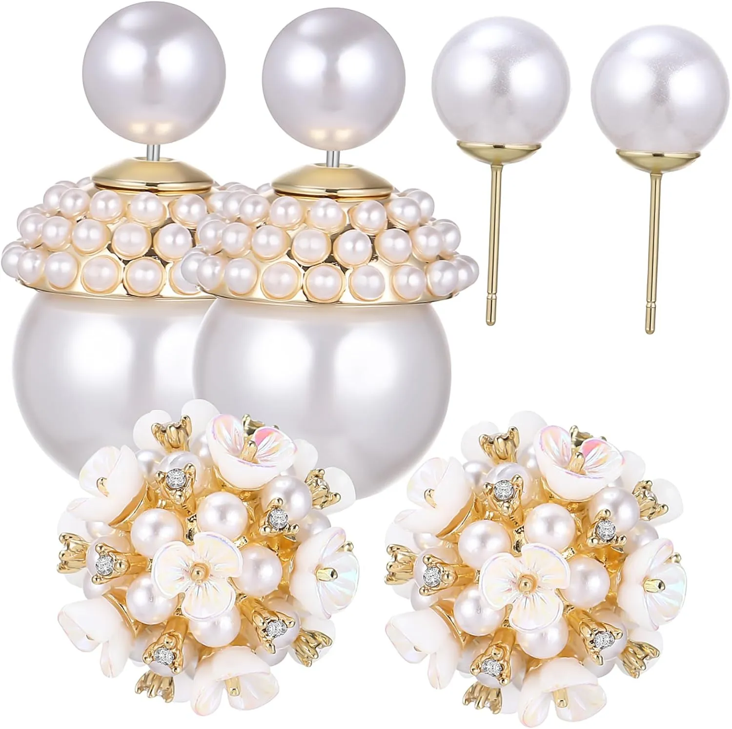 Elegant Flat Back Pearl Earrings Studs Double Sided Flower Jewelry for Women