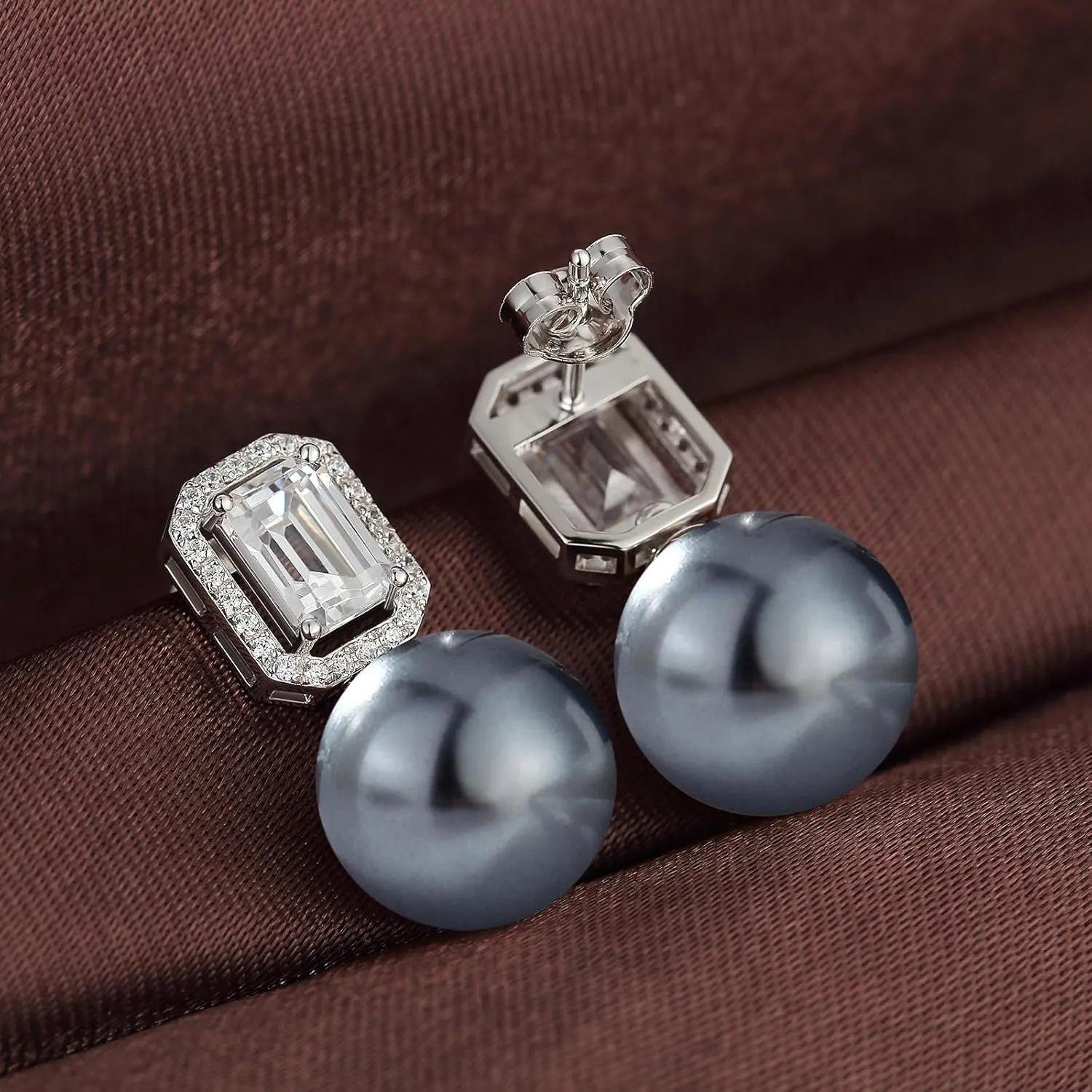 Elegant Pearl Diamond Stud Earrings for Women, 925 Sterling Silver & 18K White Gold Plated Cubic Zirconia Large Pearl Earring Jewelry 12MM