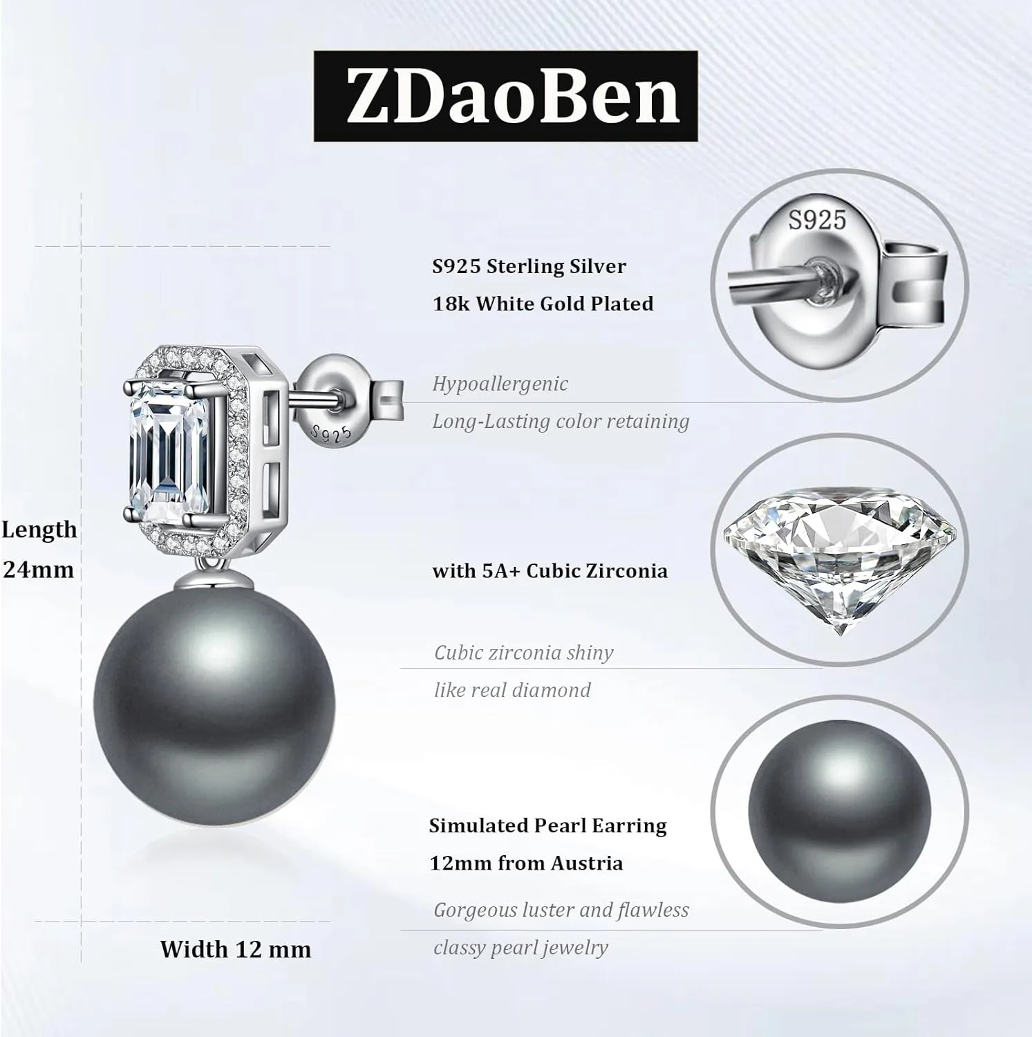 Elegant Pearl Diamond Stud Earrings for Women, 925 Sterling Silver & 18K White Gold Plated Cubic Zirconia Large Pearl Earring Jewelry 12MM