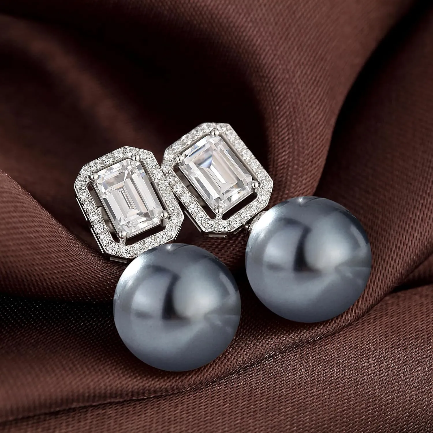 Elegant Pearl Diamond Stud Earrings for Women, 925 Sterling Silver & 18K White Gold Plated Cubic Zirconia Large Pearl Earring Jewelry 12MM