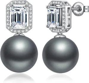 Elegant Pearl Diamond Stud Earrings for Women, 925 Sterling Silver & 18K White Gold Plated Cubic Zirconia Large Pearl Earring Jewelry 12MM