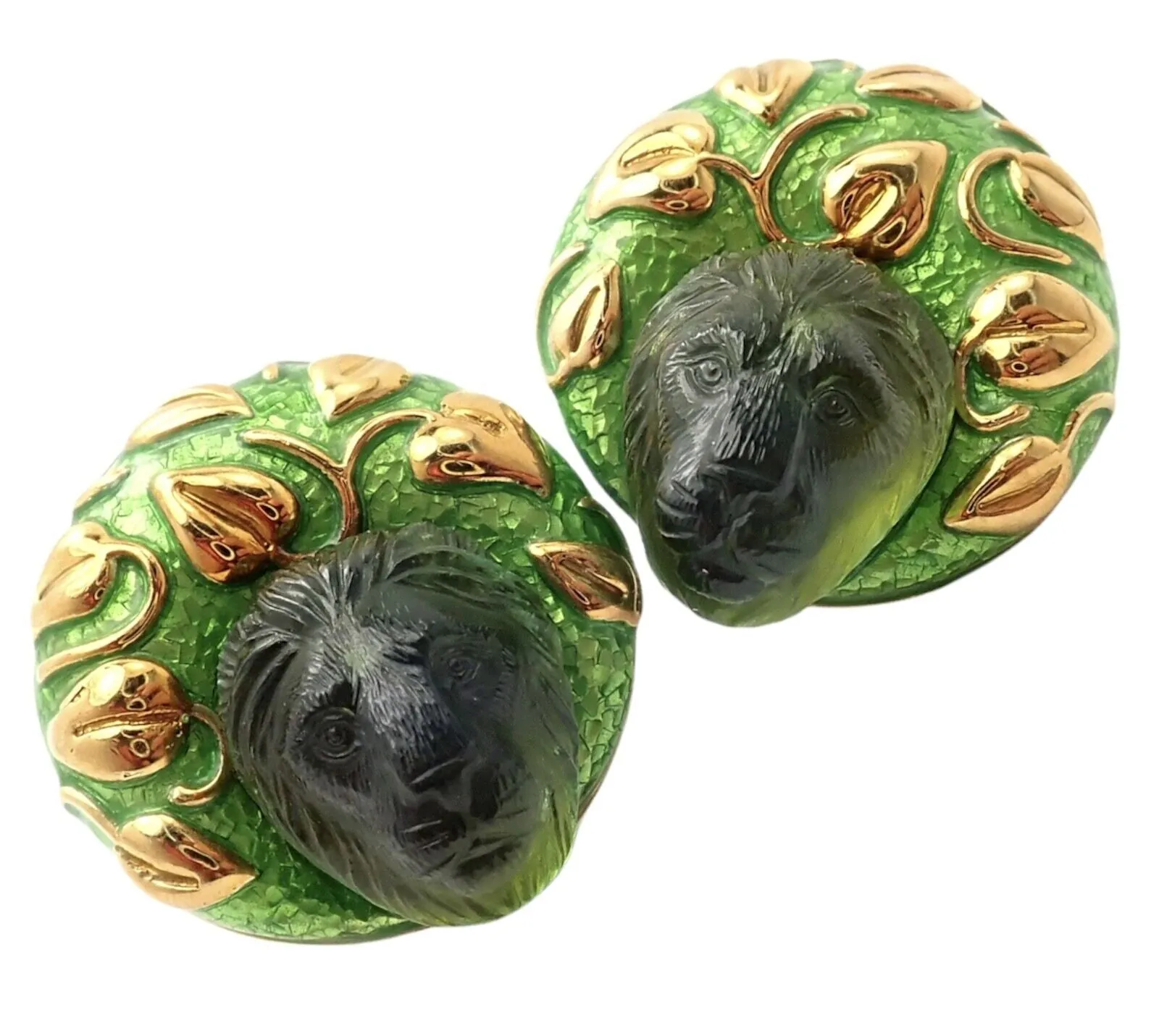 Elizabeth Gage 18k Yellow Gold Carved Green Tourmaline Enamel Lion Earrings
