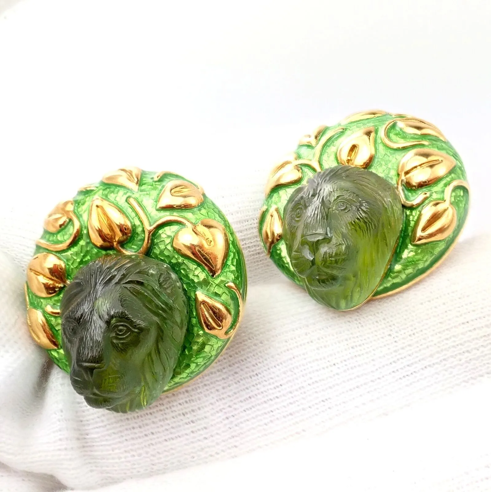 Elizabeth Gage 18k Yellow Gold Carved Green Tourmaline Enamel Lion Earrings