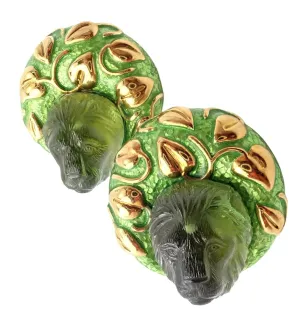 Elizabeth Gage 18k Yellow Gold Carved Green Tourmaline Enamel Lion Earrings