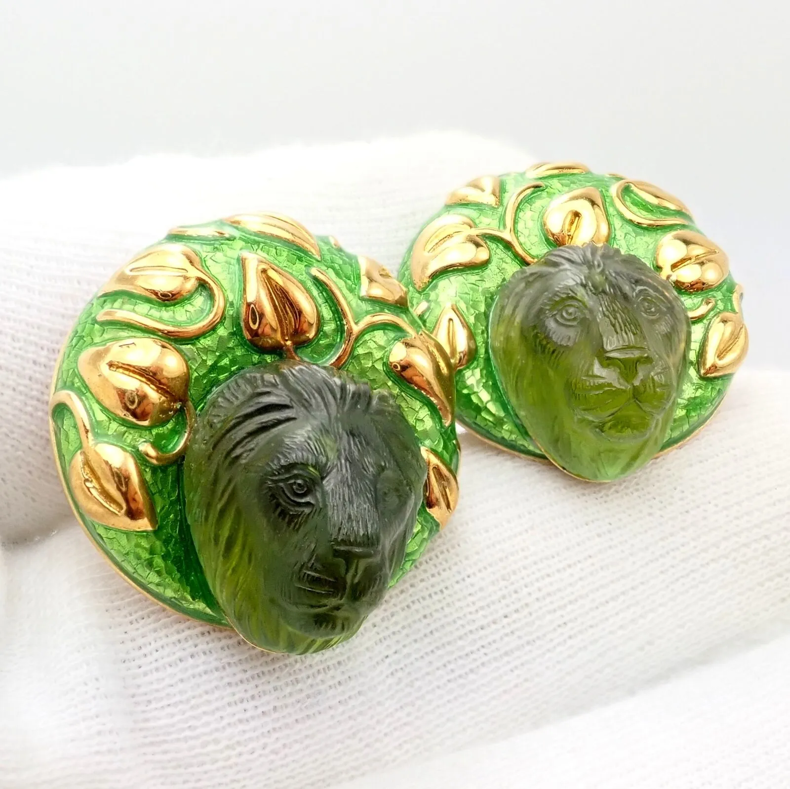 Elizabeth Gage 18k Yellow Gold Carved Green Tourmaline Enamel Lion Earrings