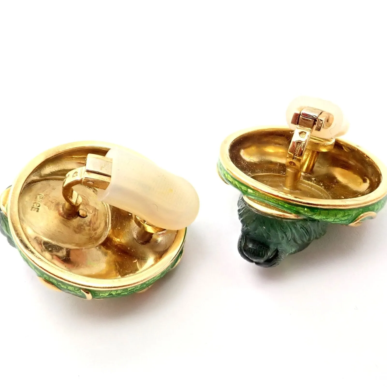 Elizabeth Gage 18k Yellow Gold Carved Green Tourmaline Enamel Lion Earrings