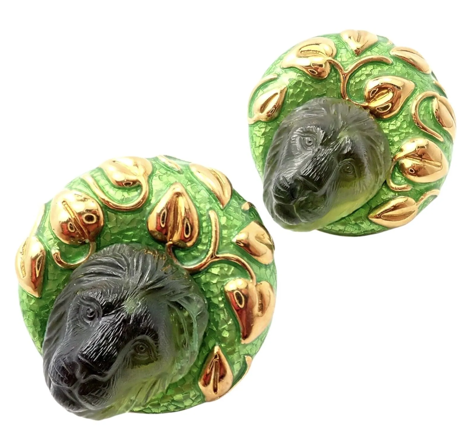 Elizabeth Gage 18k Yellow Gold Carved Green Tourmaline Enamel Lion Earrings