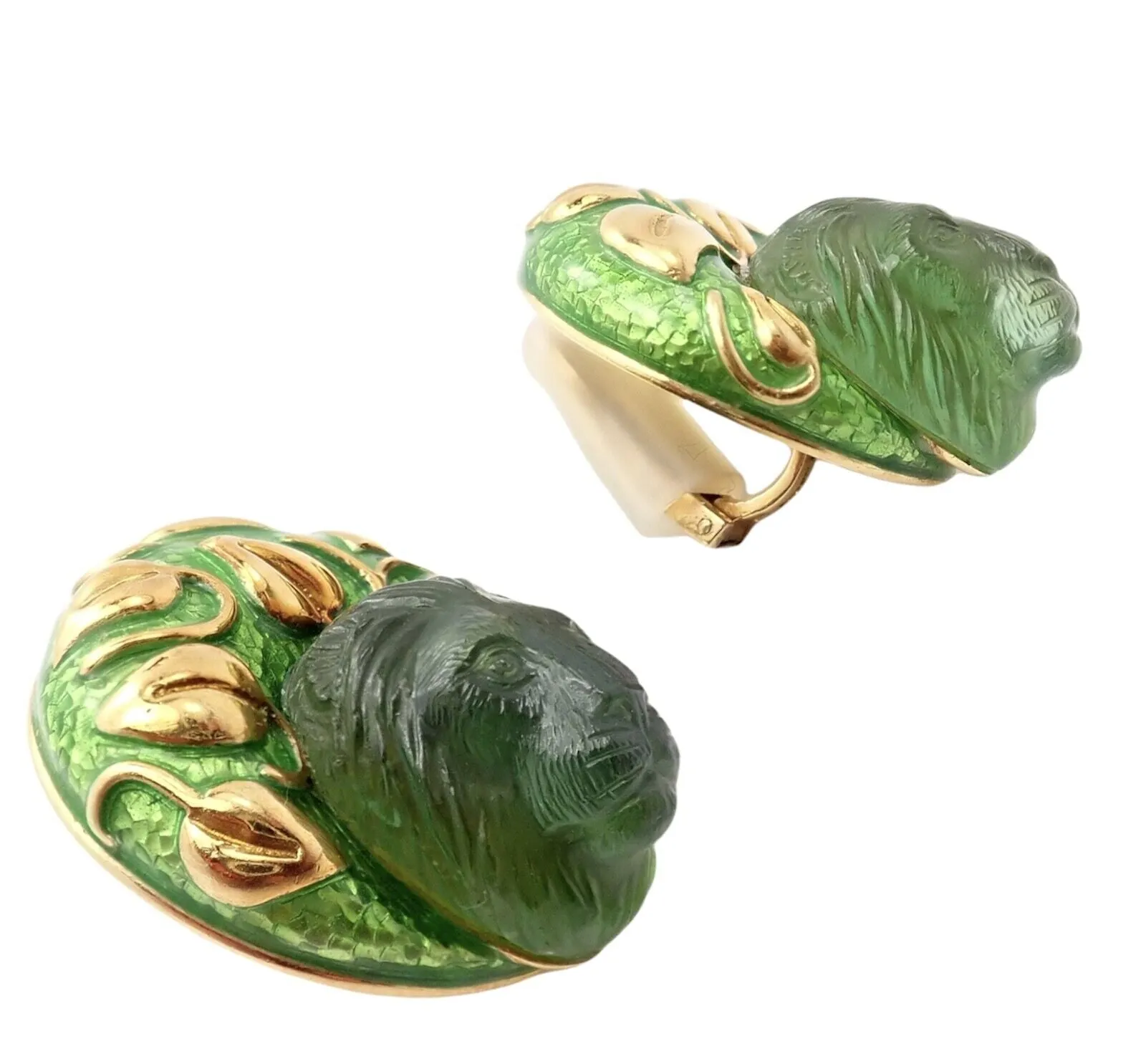 Elizabeth Gage 18k Yellow Gold Carved Green Tourmaline Enamel Lion Earrings