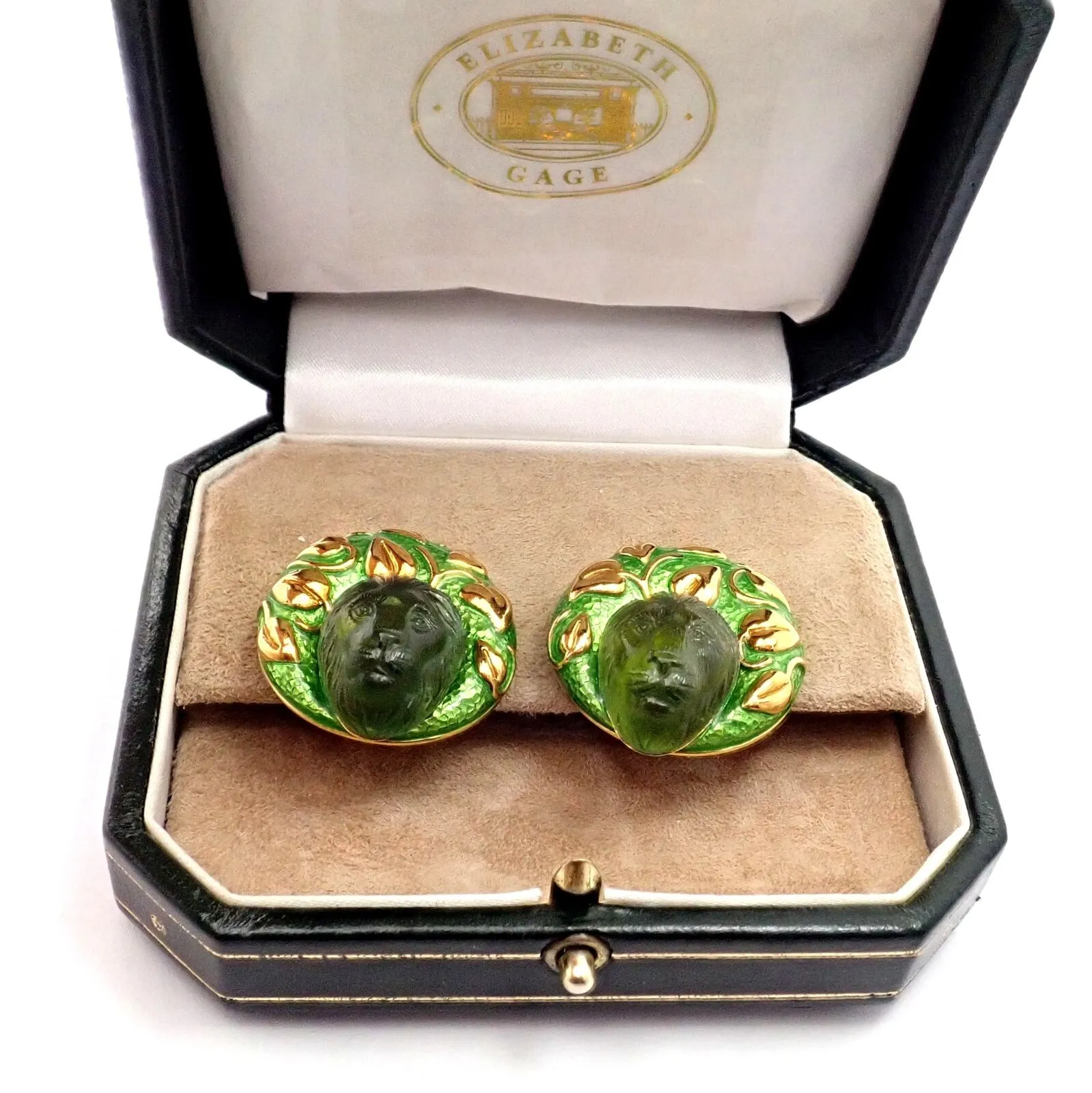 Elizabeth Gage 18k Yellow Gold Carved Green Tourmaline Enamel Lion Earrings