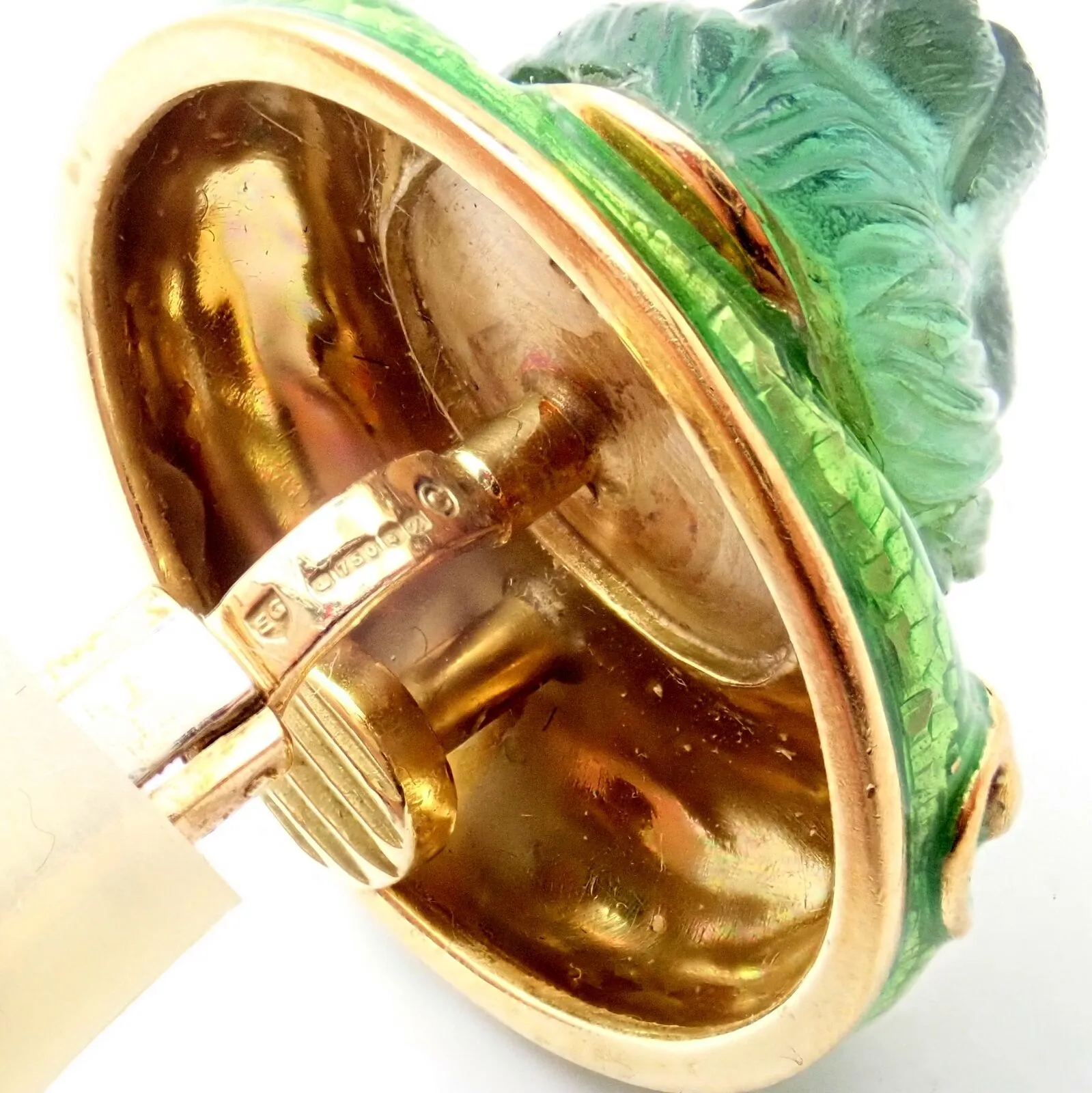 Elizabeth Gage 18k Yellow Gold Carved Green Tourmaline Enamel Lion Earrings