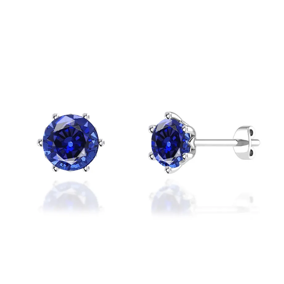 ELOISE - Round Blue Sapphire Platinum Lotus Leaf Stud Earrings