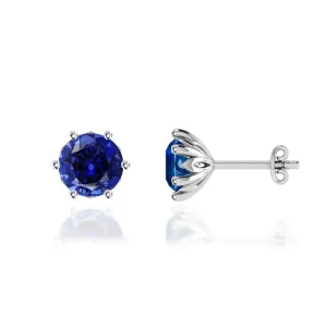 ELOISE - Round Blue Sapphire Platinum Lotus Leaf Stud Earrings