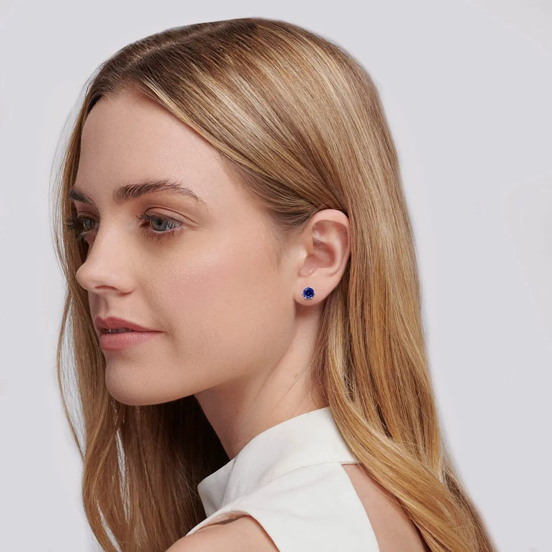 ELOISE - Round Blue Sapphire Platinum Lotus Leaf Stud Earrings