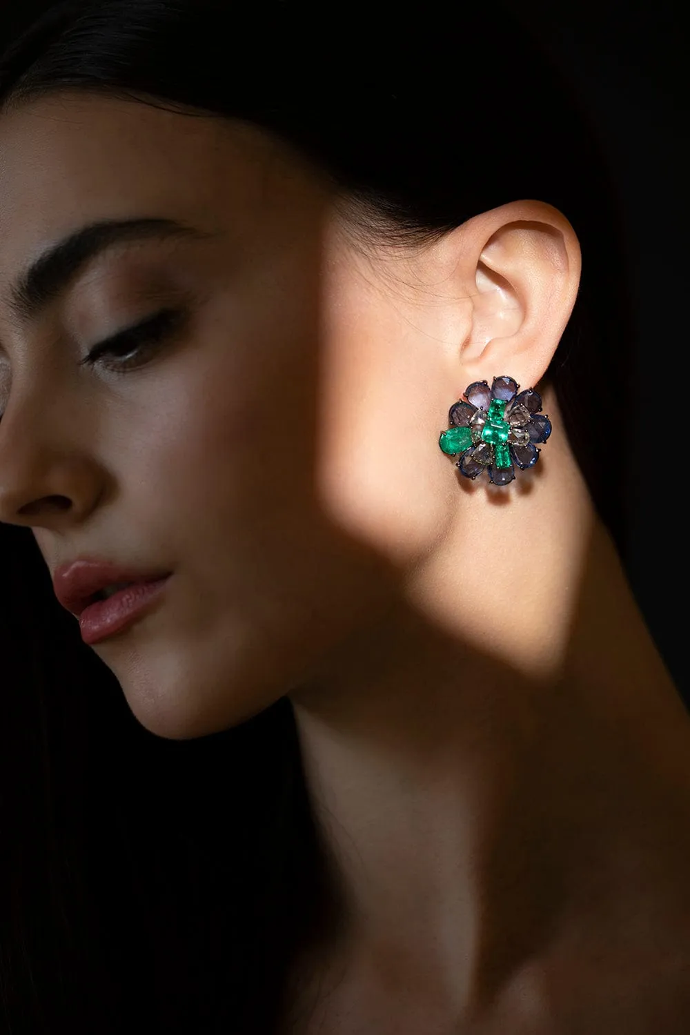 Emerald Blue Sapphire Flower Earrings