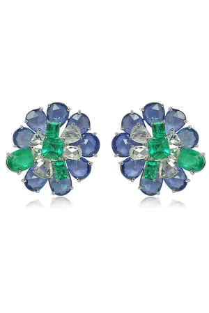 Emerald Blue Sapphire Flower Earrings