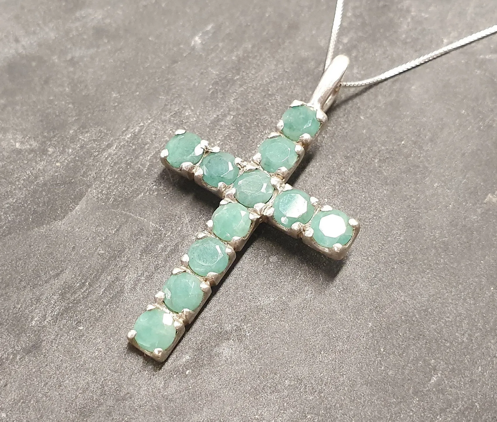 Emerald Cross Pendant, Natural Emerald Pendant, Silver Green Cross Pendant