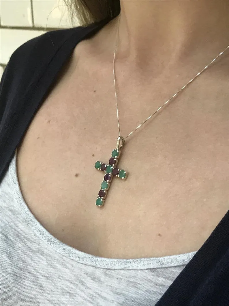 Emerald Cross Pendant, Natural Emerald Pendant, Silver Green Cross Pendant