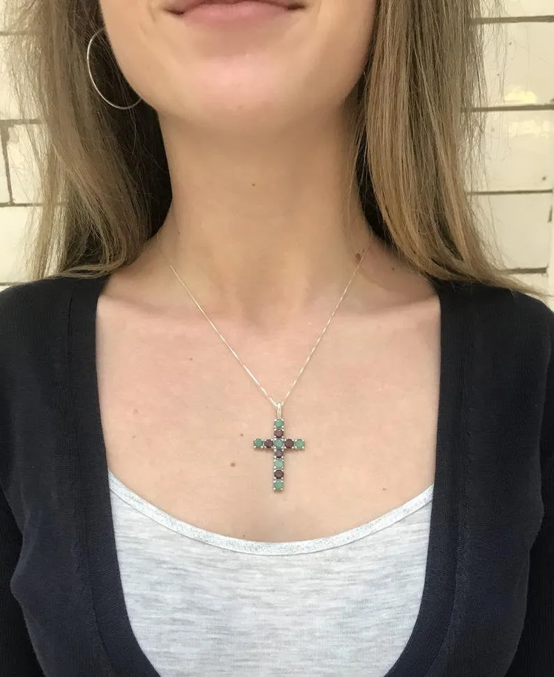 Emerald Cross Pendant, Natural Emerald Pendant, Silver Green Cross Pendant
