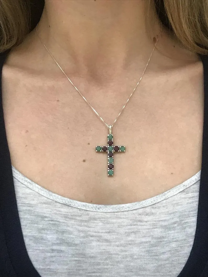 Emerald Cross Pendant, Natural Emerald Pendant, Silver Green Cross Pendant