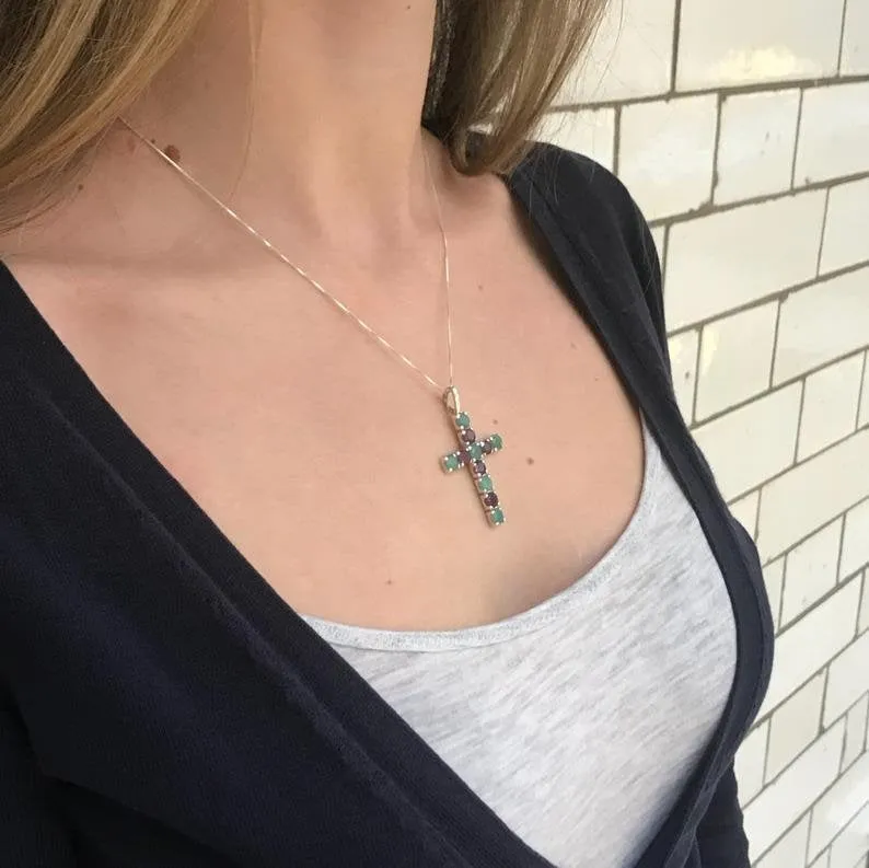 Emerald Cross Pendant, Natural Emerald Pendant, Silver Green Cross Pendant