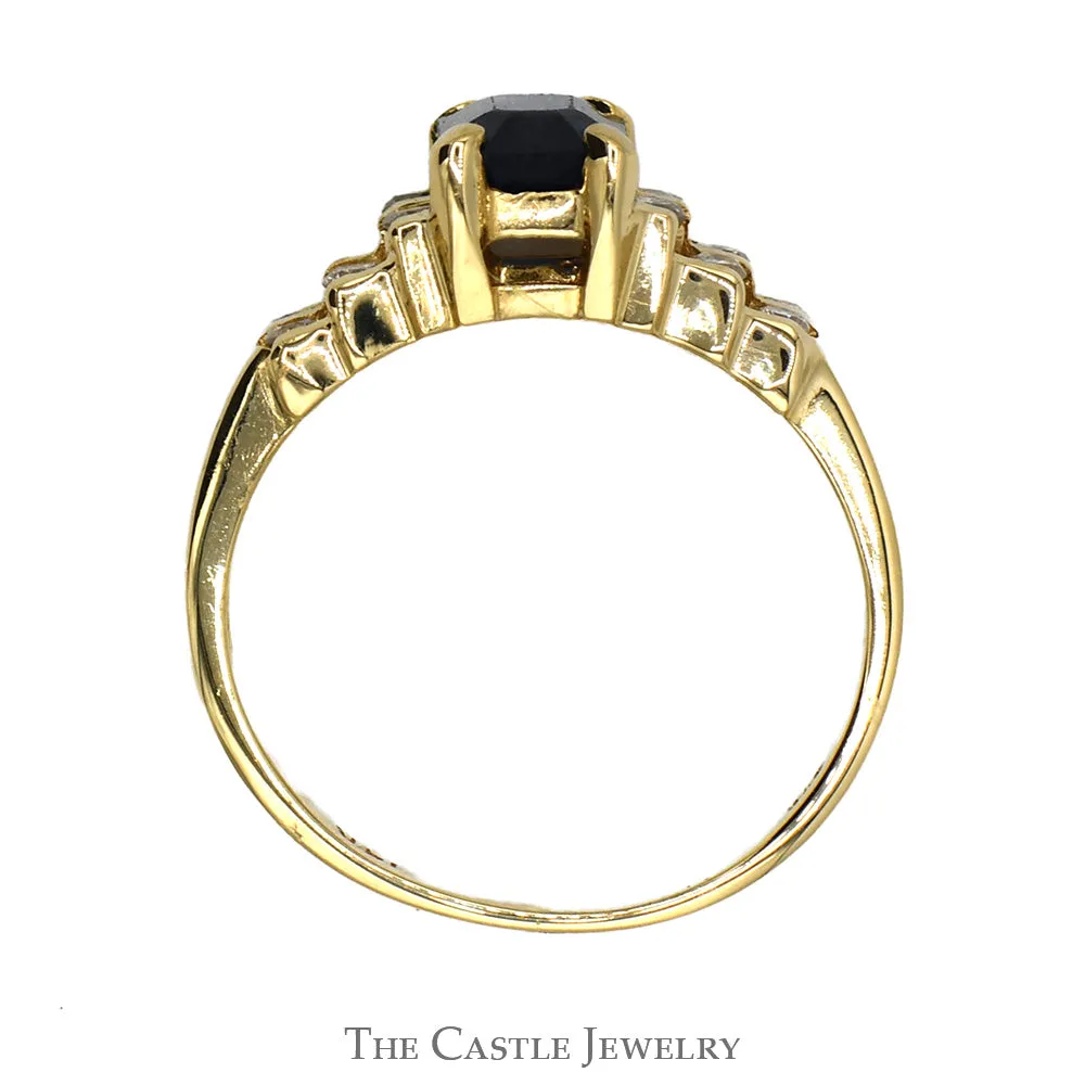 Emerald Cut Sapphire Ring with Two Rows of Round Diamond Accents in 14k Yellow Gold