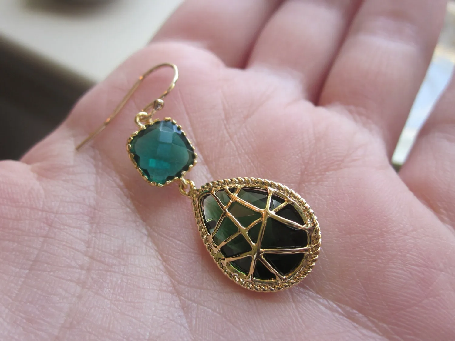 Emerald Green Earrings Gold Twisted Design - Bridesmaid Earrings Wedding Earrings Bridal Earrings