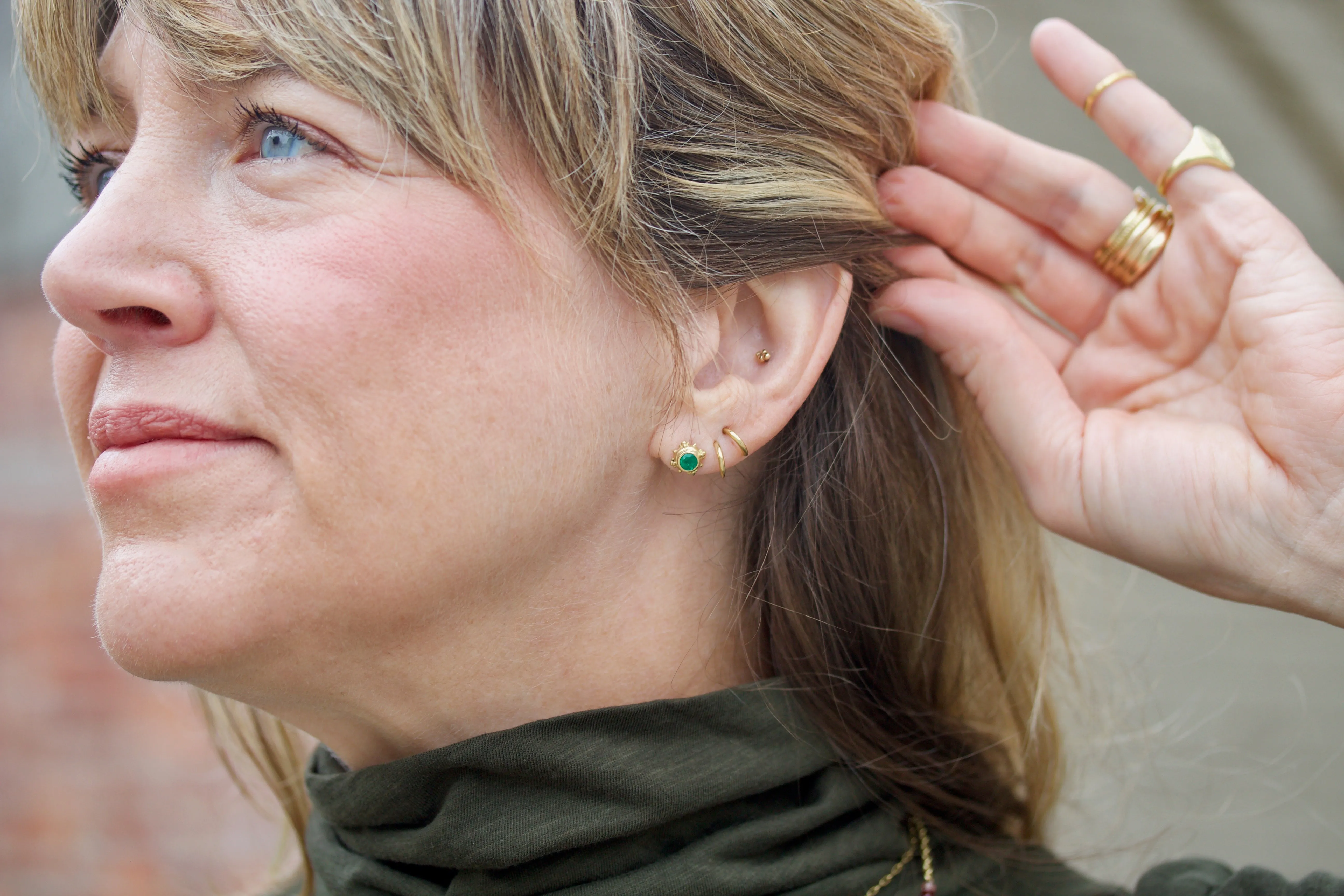 Emerald Stud Earrings with Bead Detail