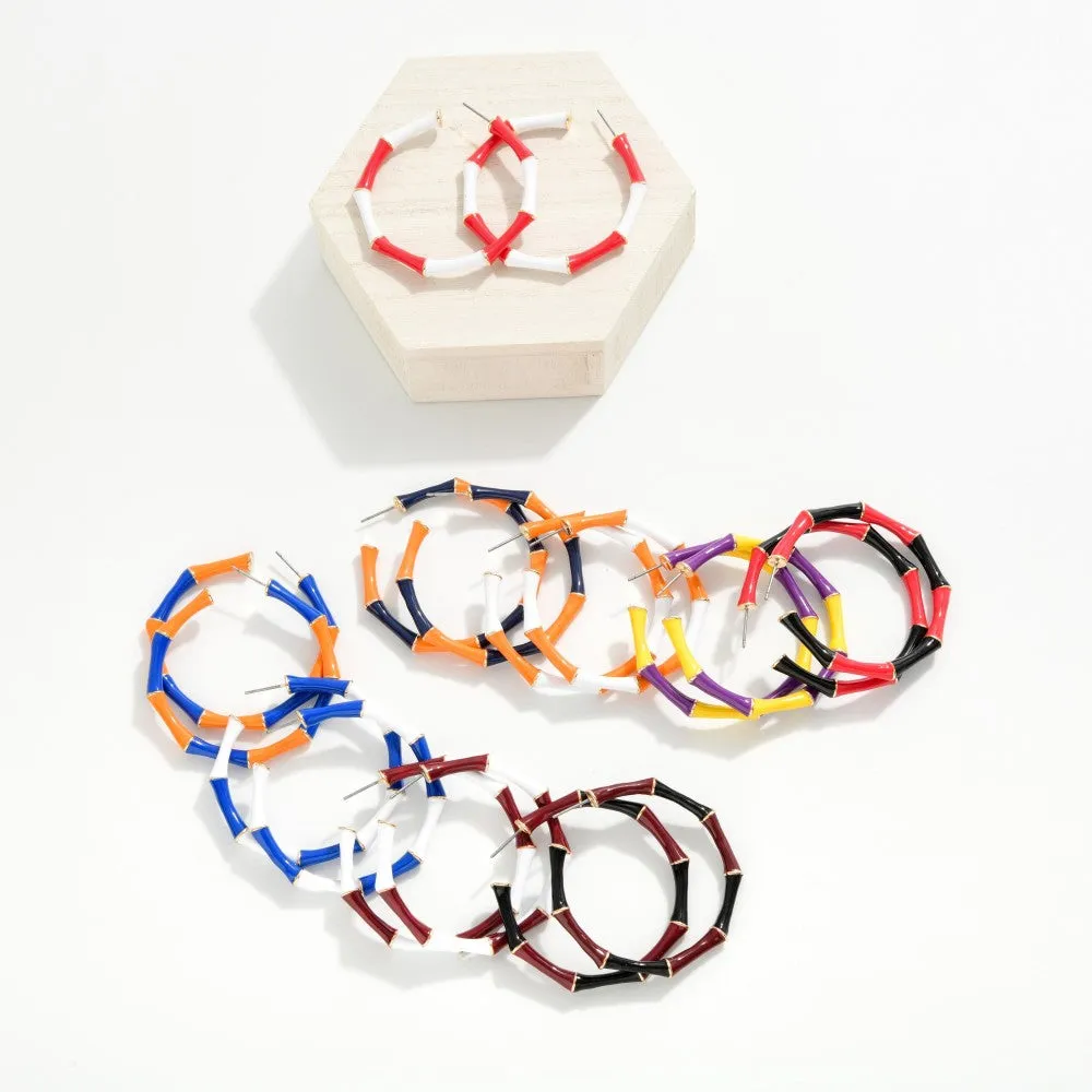 Enamel Bamboo Alternating Game Day Color Hoop Earrings