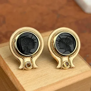 Estate 14KT Yellow Gold Byzantine Black Onyx Intaglio   Citrine Omega Earrings
