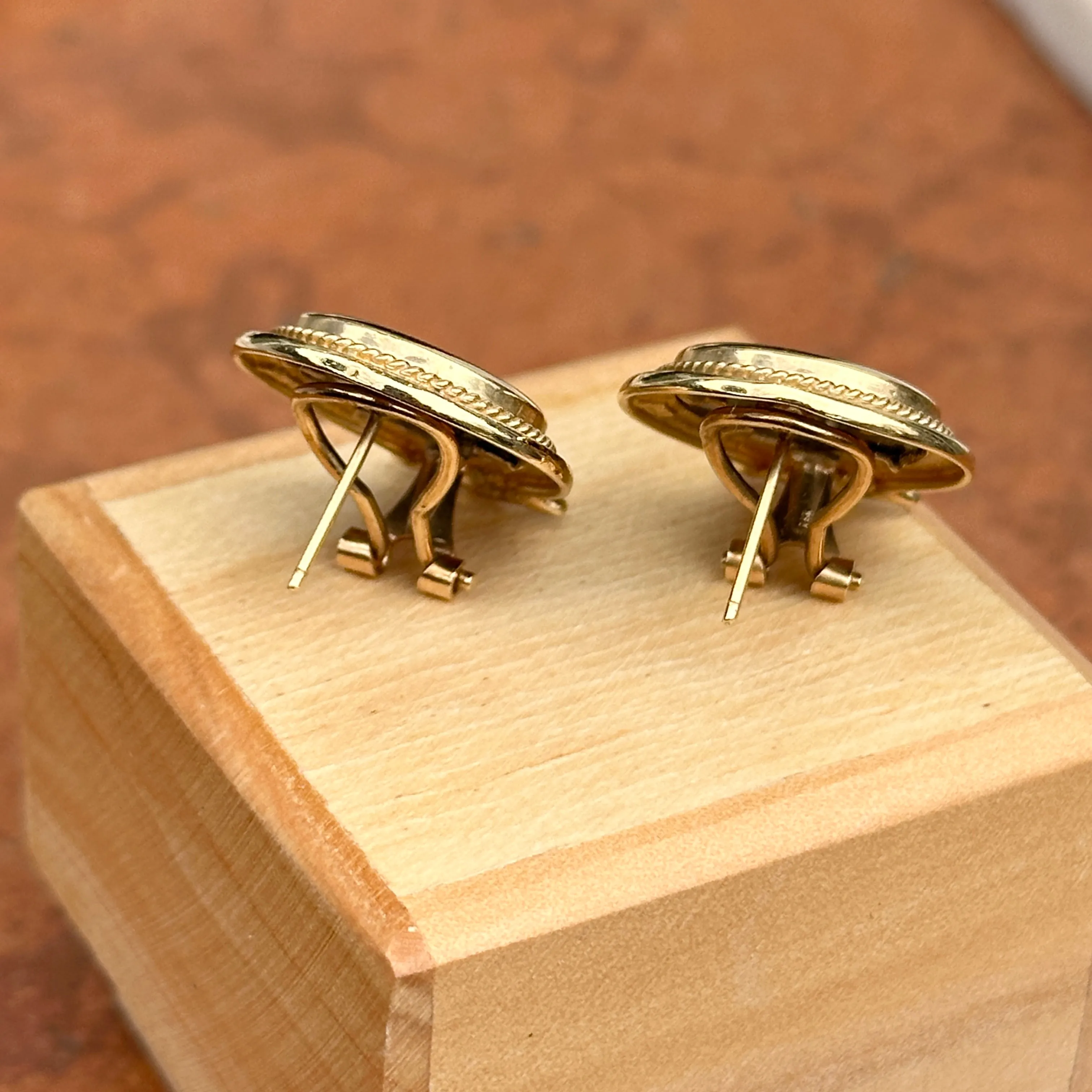 Estate 14KT Yellow Gold Byzantine Black Onyx Intaglio   Citrine Omega Earrings