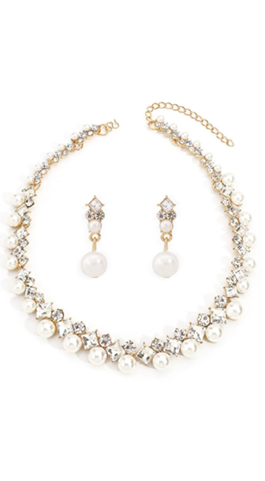 Ethereal Glow Lux Crystal Pearl Necklace Earring Set - Gold