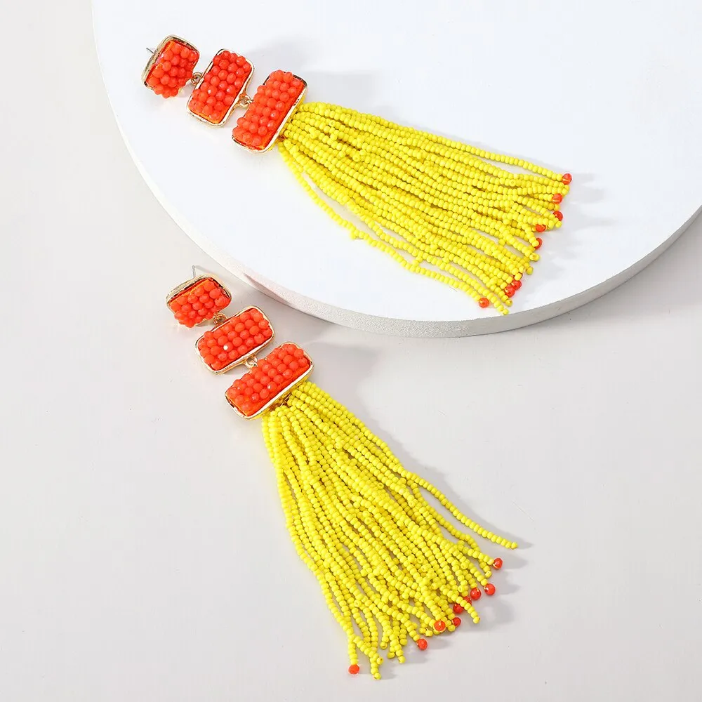 Ethnic Style Acrylic Beaded Tassel Chain Piercing Long Hanging Earrings For Women