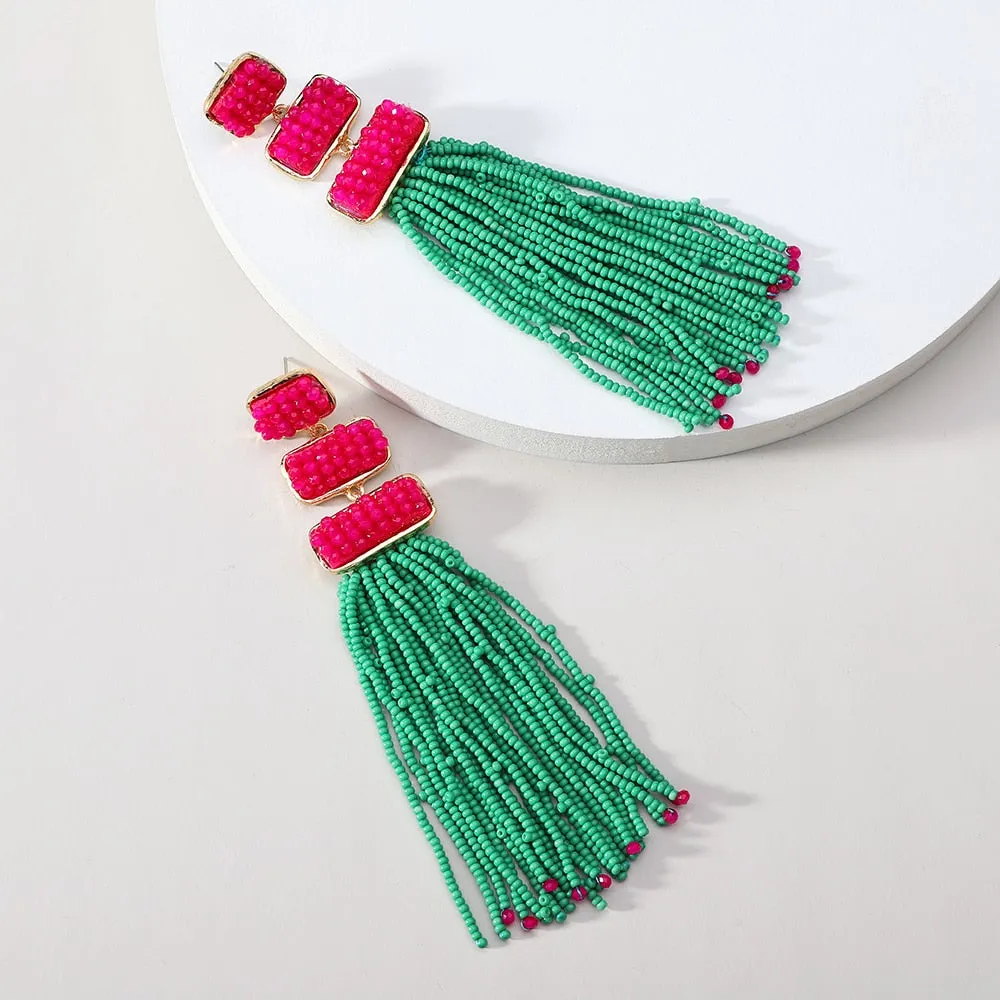 Ethnic Style Acrylic Beaded Tassel Chain Piercing Long Hanging Earrings For Women