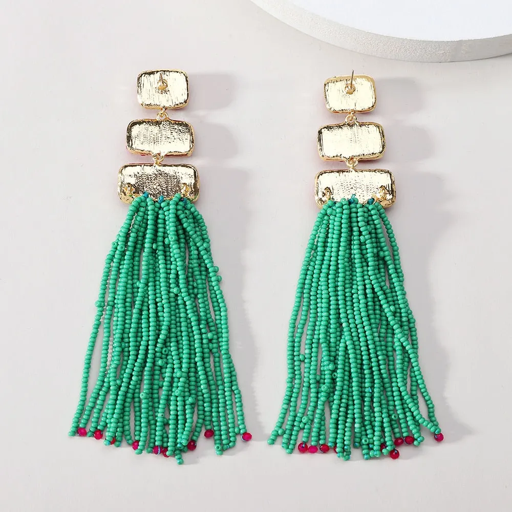 Ethnic Style Acrylic Beaded Tassel Chain Piercing Long Hanging Earrings For Women